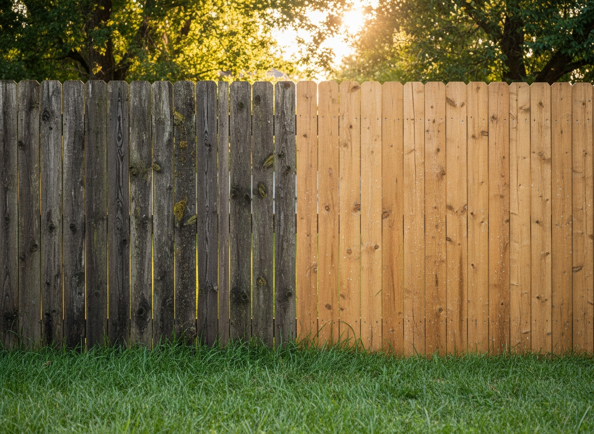 Half-cleaned wooden fence; the left side is weathered and gray, the right side is new, light brown.