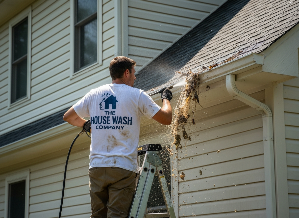 Man cleaning a gutter with a power washer. He stands on a ladder near a white house.