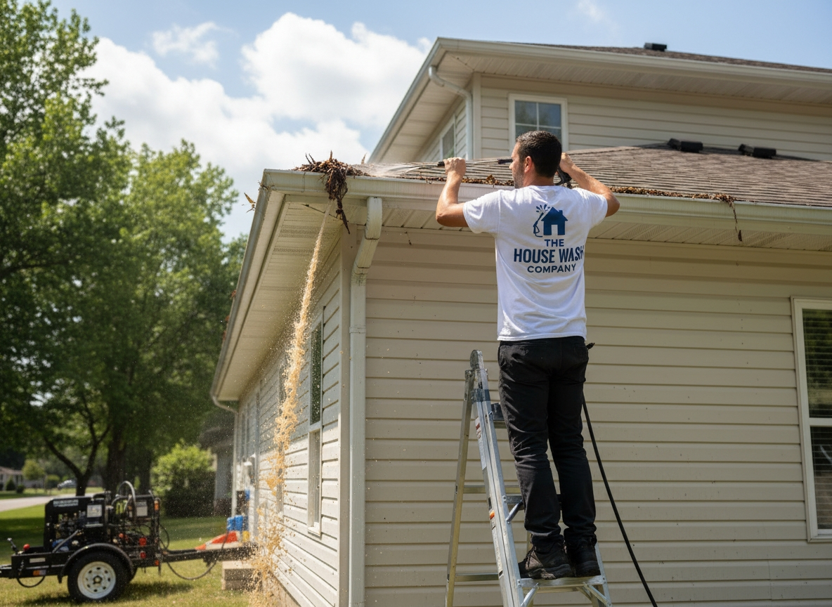 Man on ladder cleaning gutters, tan house, blue sky, leaves falling.