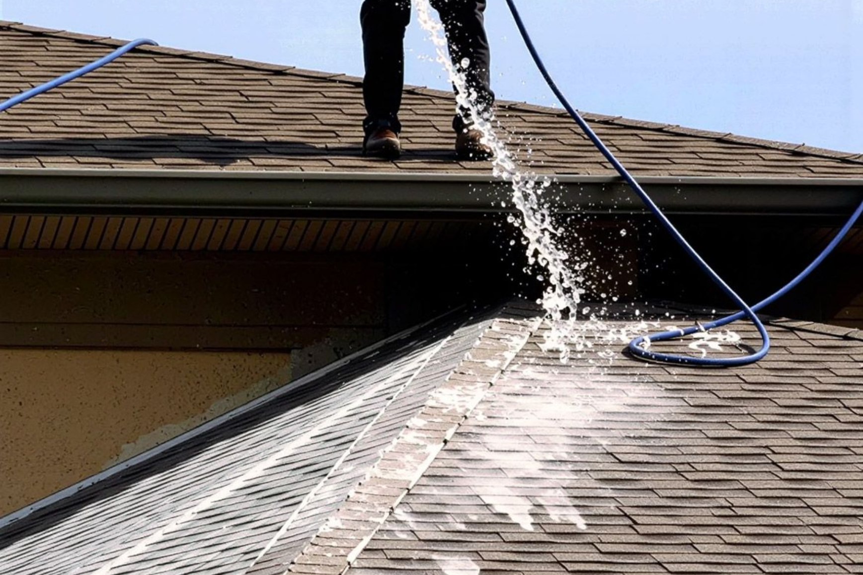 Person power washing a roof with a blue hose on a sunny day.