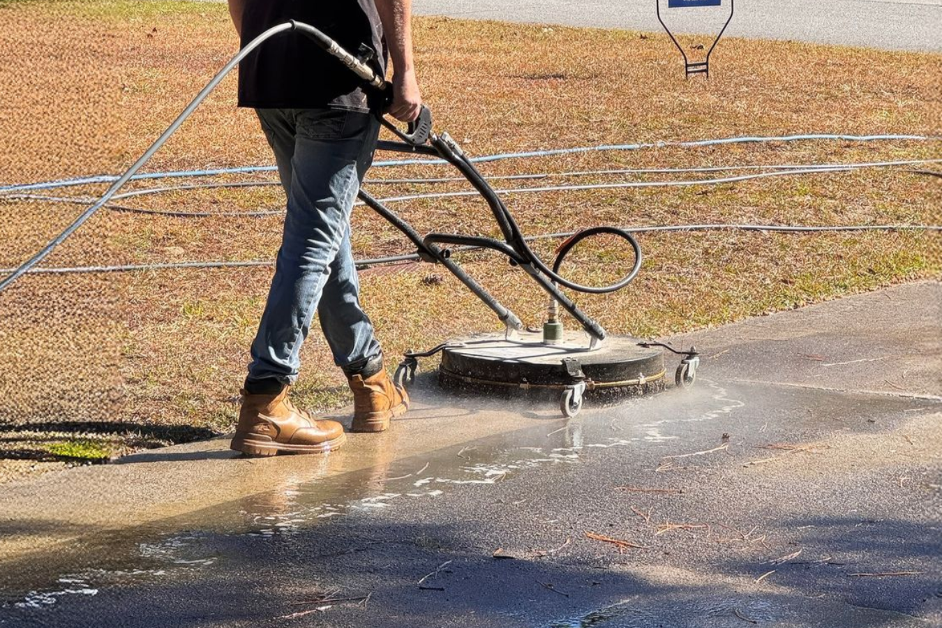 Person power washing a paved surface with a circular cleaner outdoors.
