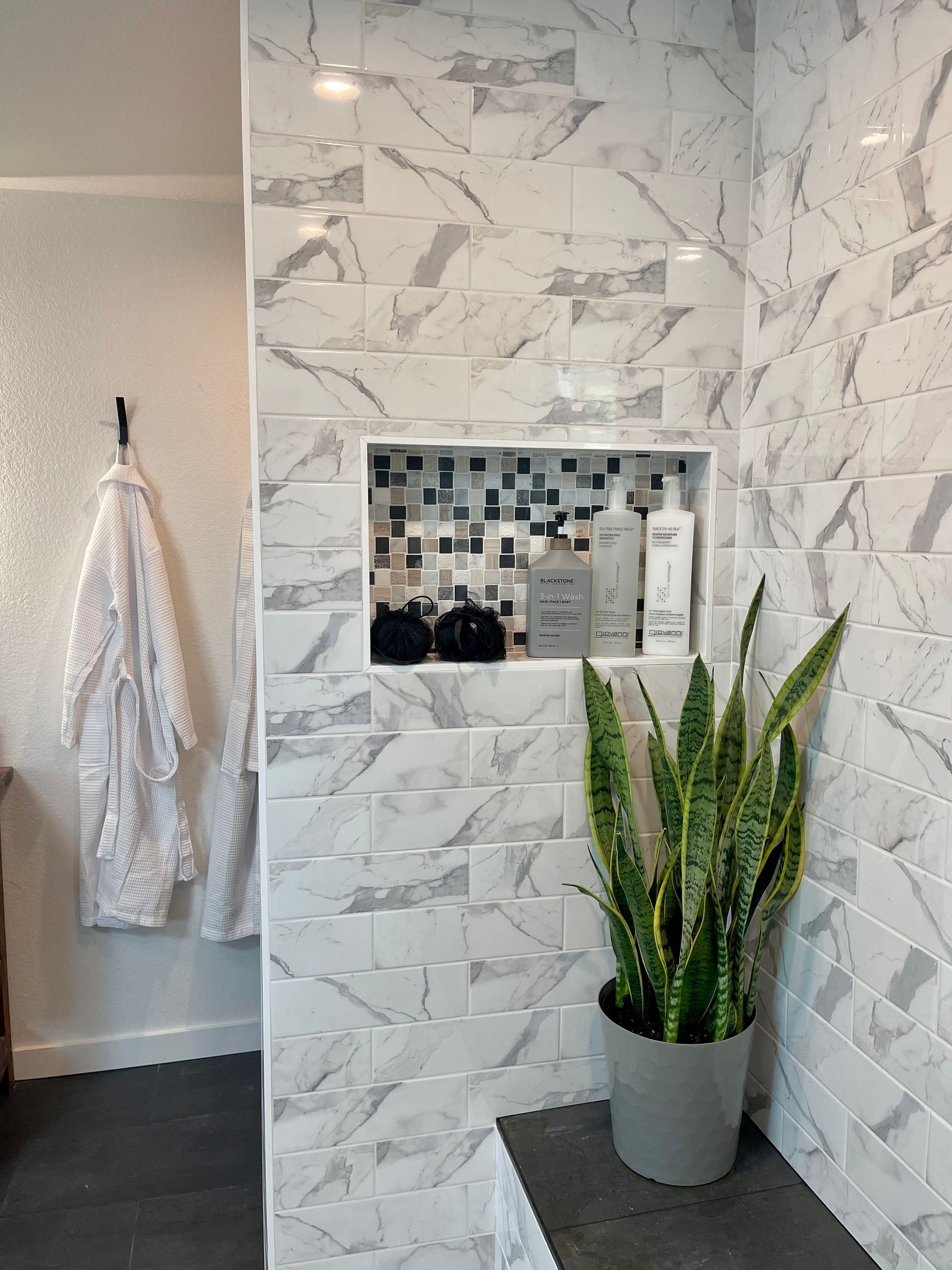Shower with marble-like tiles, built-in shelf, and potted snake plant. A bathrobe hangs nearby.