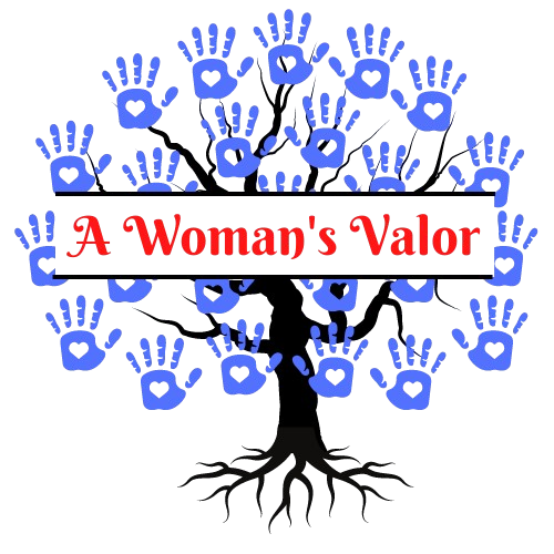 A woman 's valor logo with a tree with blue handprints on it