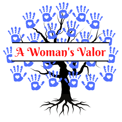 A woman 's valor logo with a tree with blue handprints on it