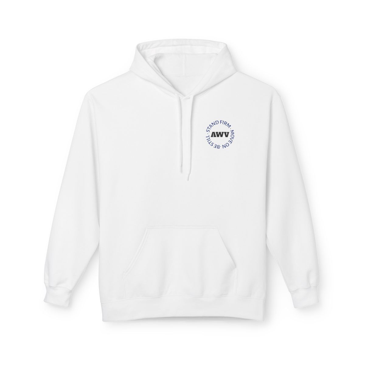 Man wearing white hoodie with text:
