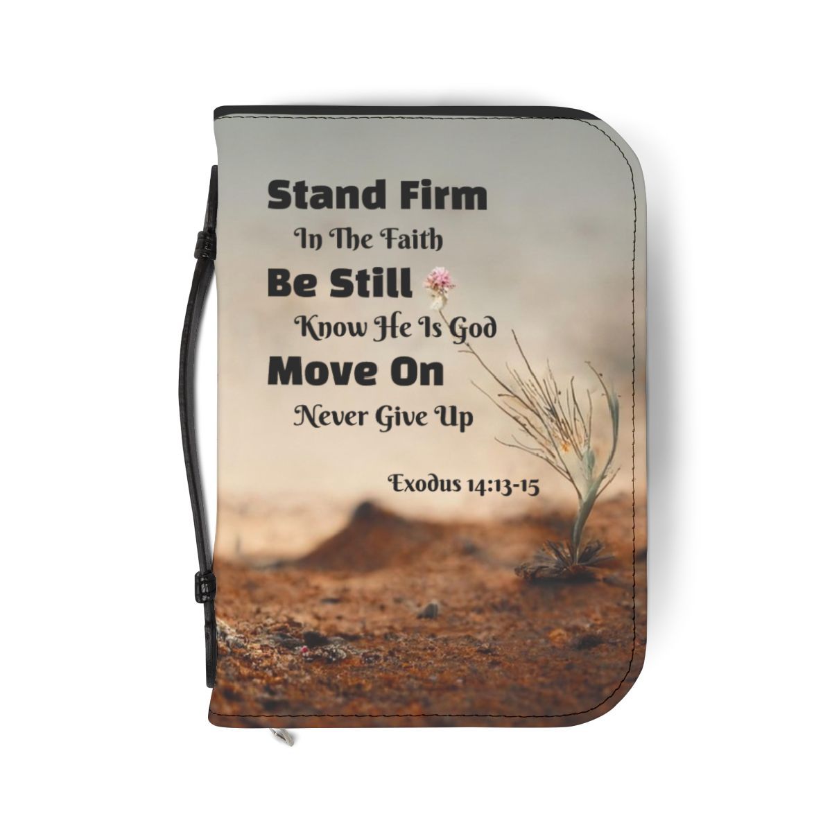 Bible cover with inspirational text and desert scene.