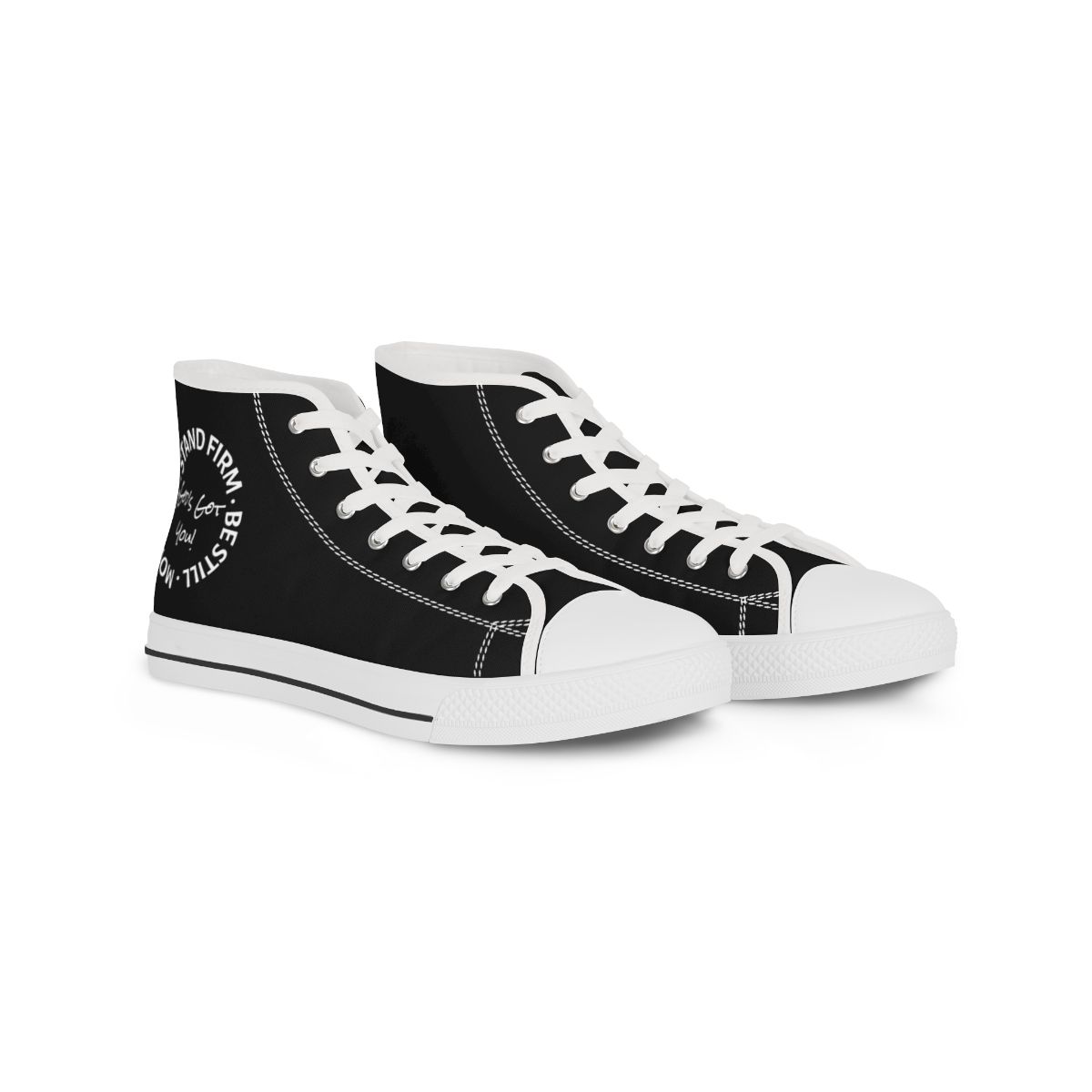 Black high-top canvas sneakers with white laces and soles, possibly branded, angled view.