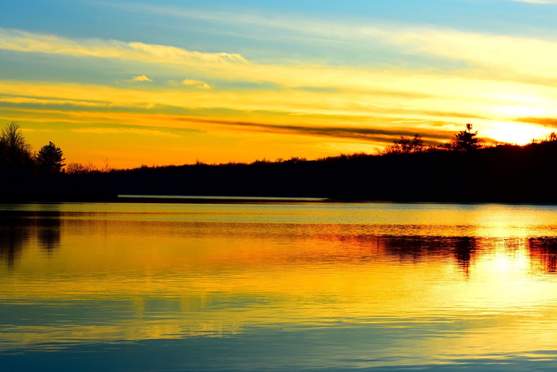 The sun is setting over a lake with trees in the background.