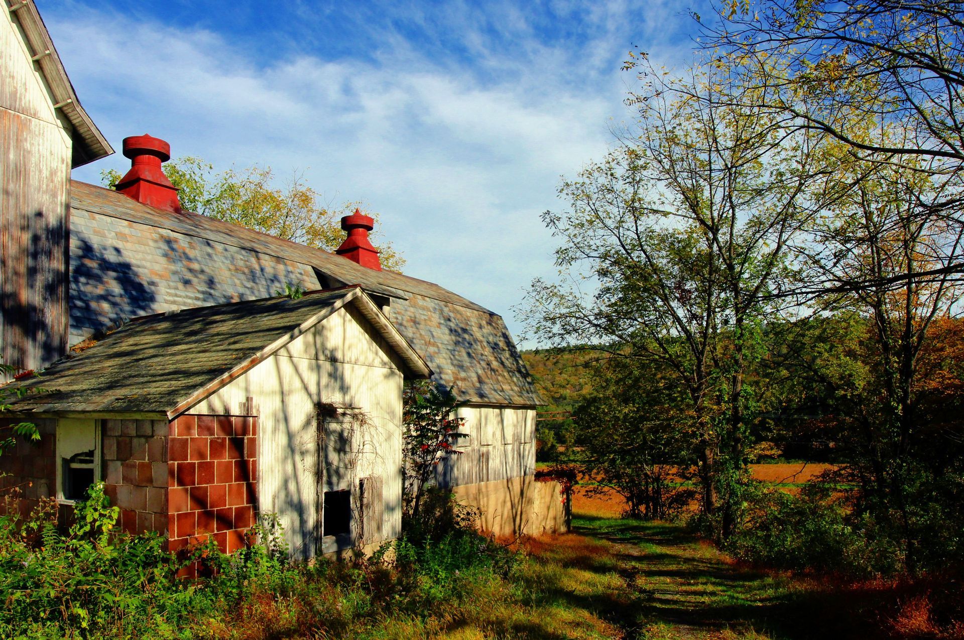 A white house with red chimneys is surrounded by trees and grass.