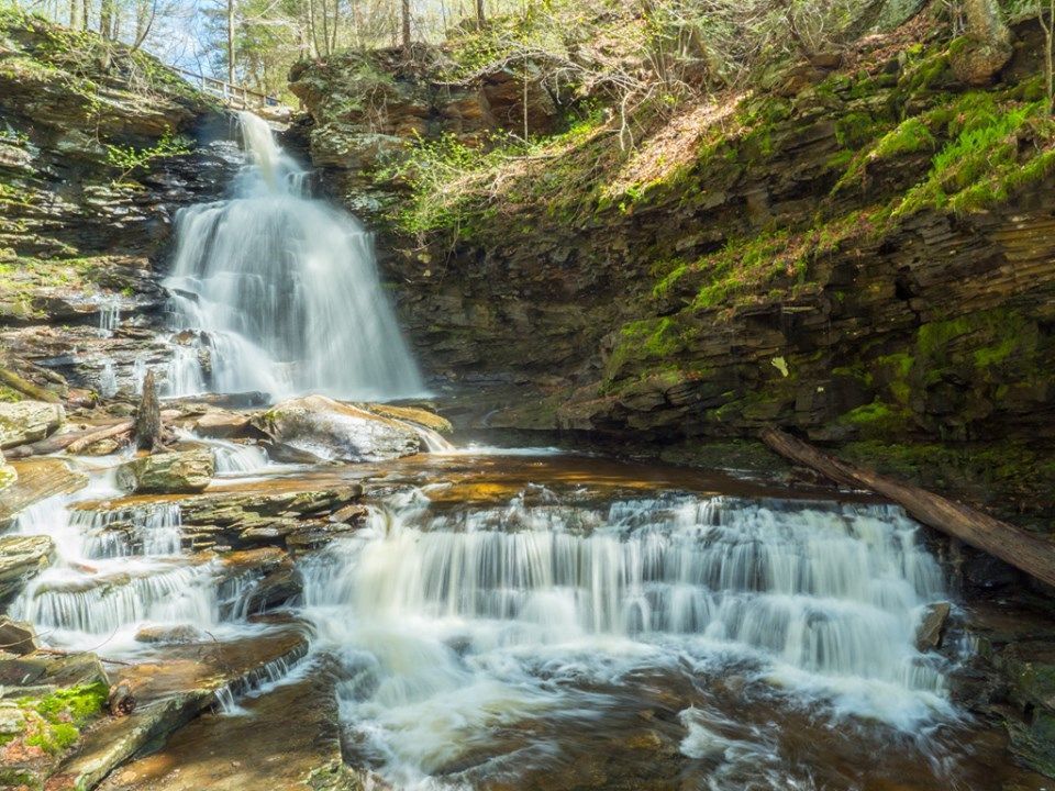 A waterfall is surrounded by rocks and moss in the middle of a forest.