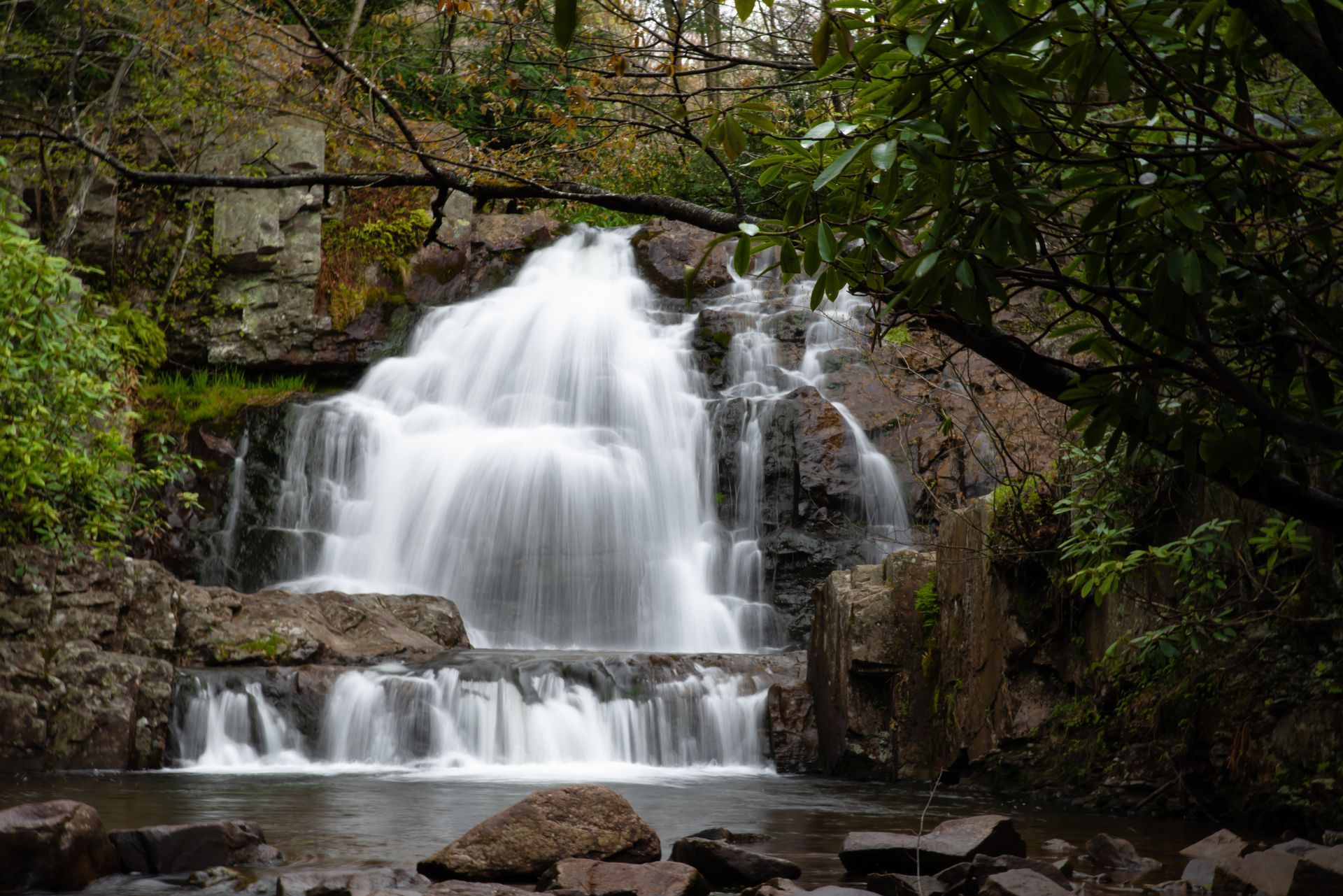 A waterfall is surrounded by trees and rocks in the middle of a forest.