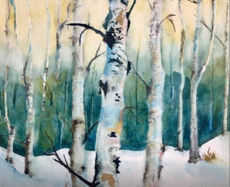 A painting of birch trees in a snowy forest