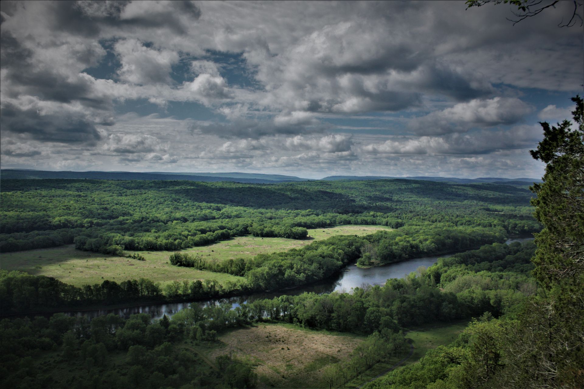 A river runs through a lush green valley surrounded by trees.
