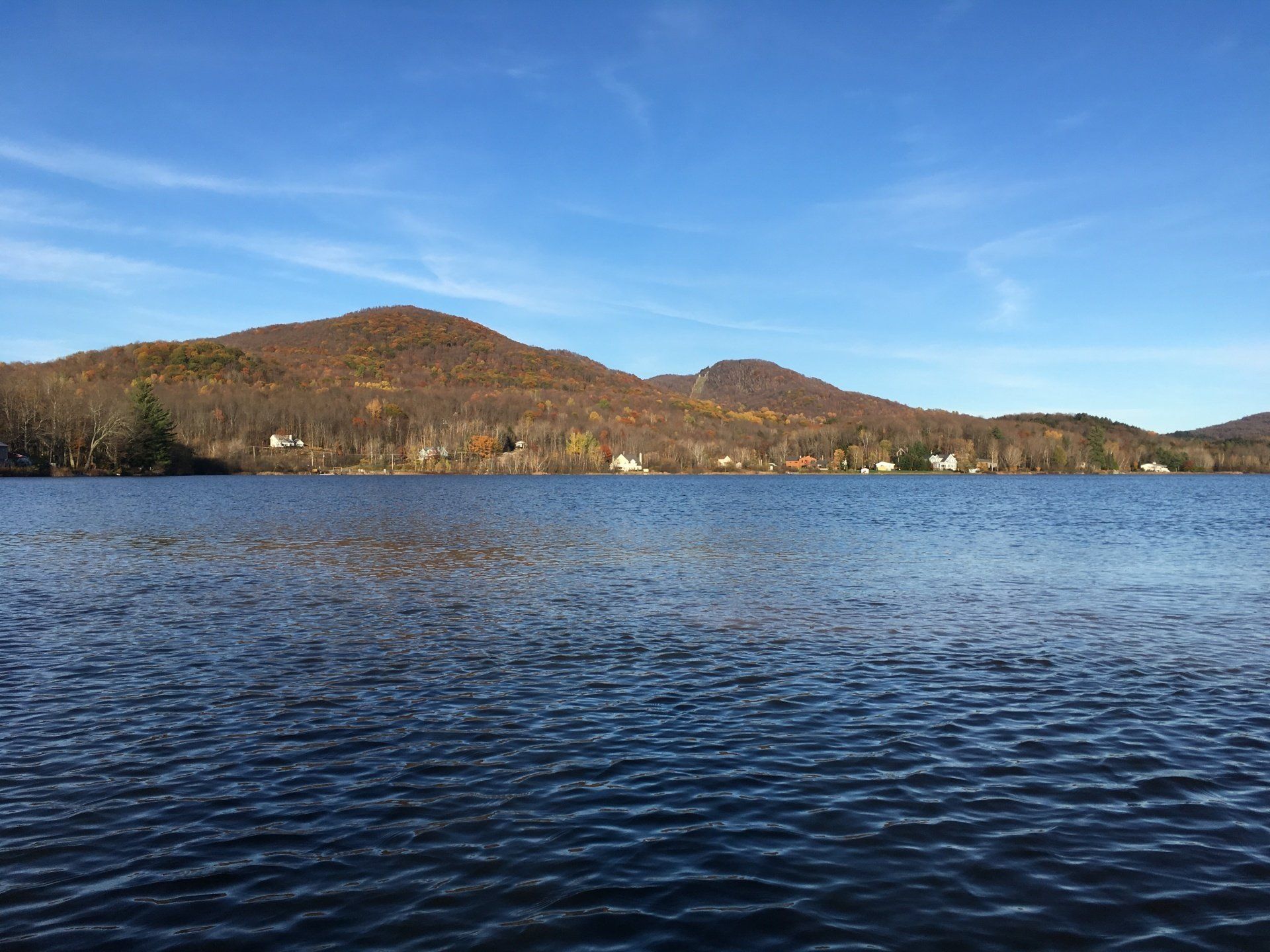 A large body of water with mountains in the background on a sunny day.