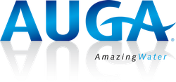 Logo for AUGA Amazing Water. Blue text with wave graphic.