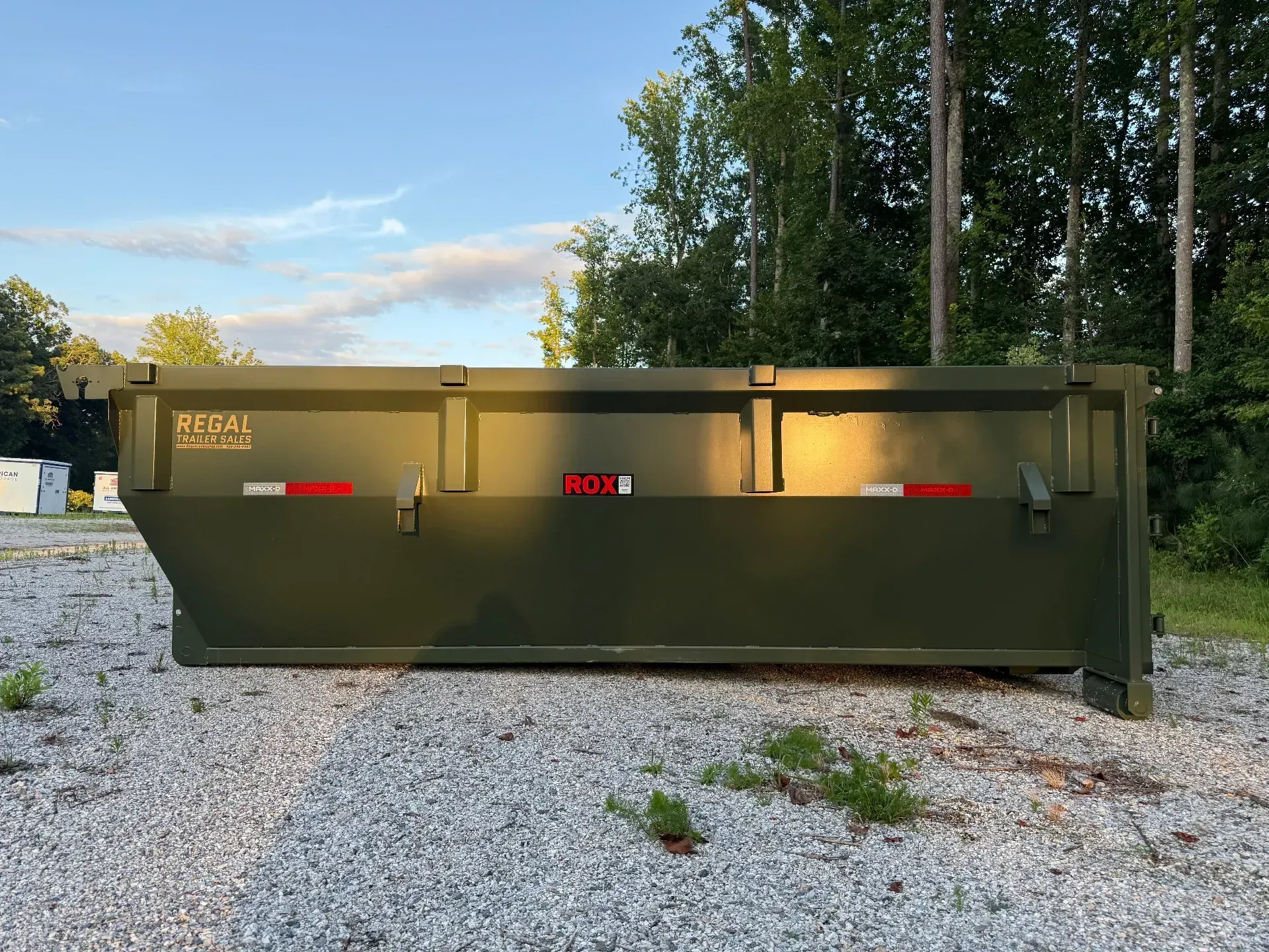 A dog is standing in front of a dumpster.