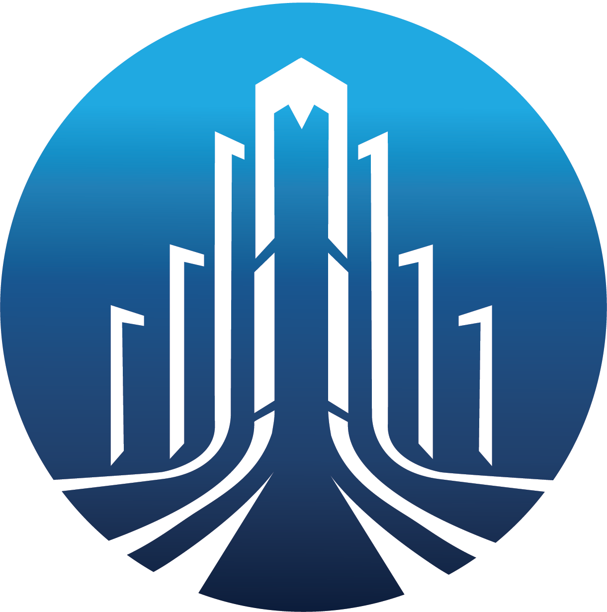 Logo circulaire bleu avec un gratte-ciel blanc stylisé et des lignes de bâtiments rayonnantes