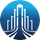 Logo circulaire bleu avec un gratte-ciel blanc stylisé et des lignes de bâtiments rayonnantes