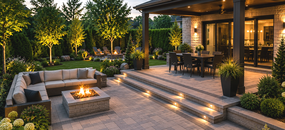 Terrasse moderne dans le jardin avec sièges en pierre, foyer extérieur, marches et éclairage paysager chaleureux en soirée.