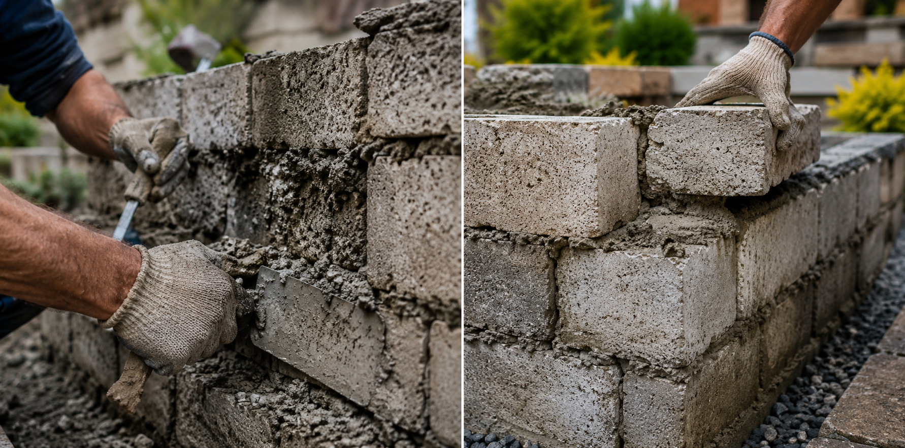 Des mains posent des blocs de béton pour un petit muret extérieur, vue en deux parties du processus de construction.
