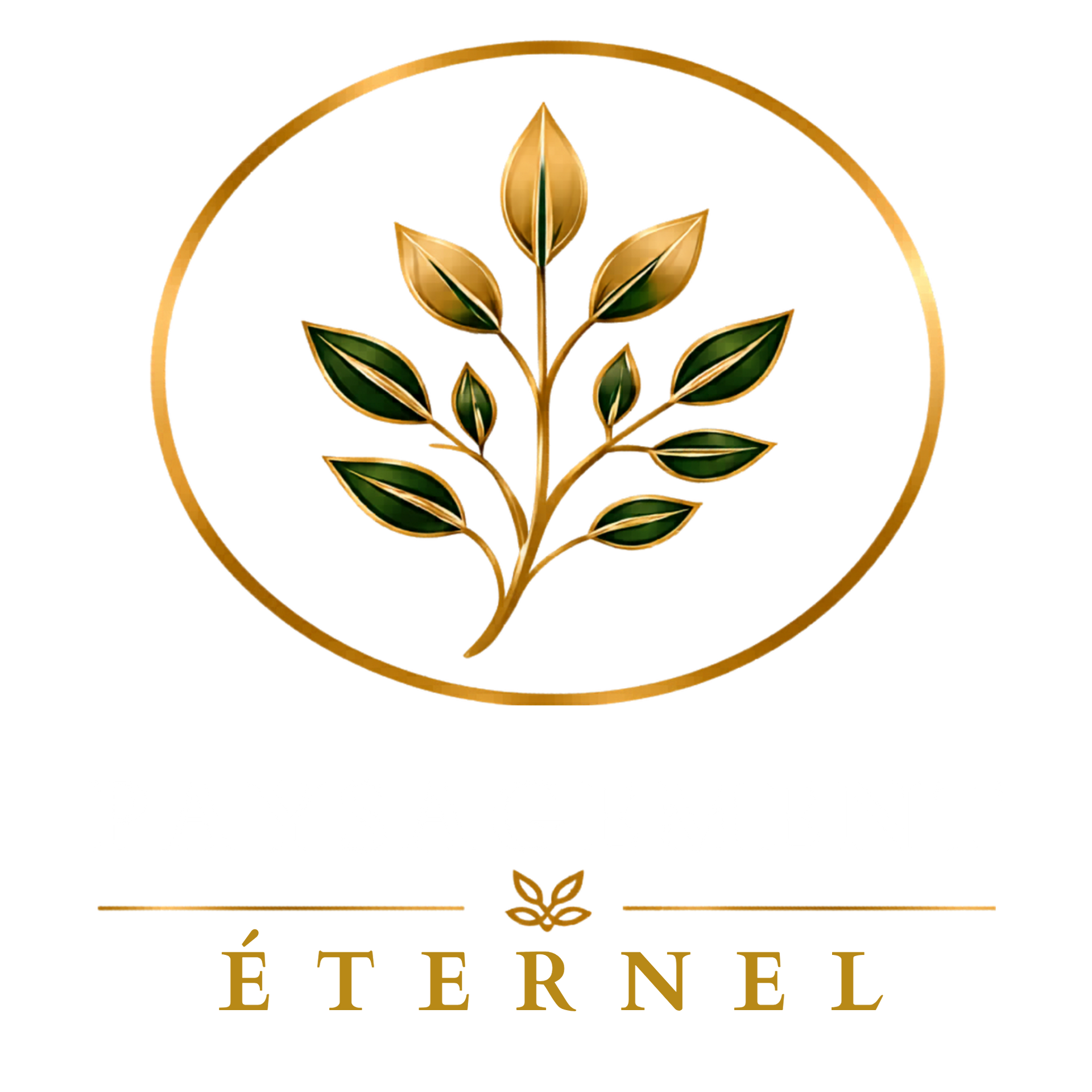 Logo ovale doré avec une branche feuillue et le mot « ÉTERNEL » en dessous.