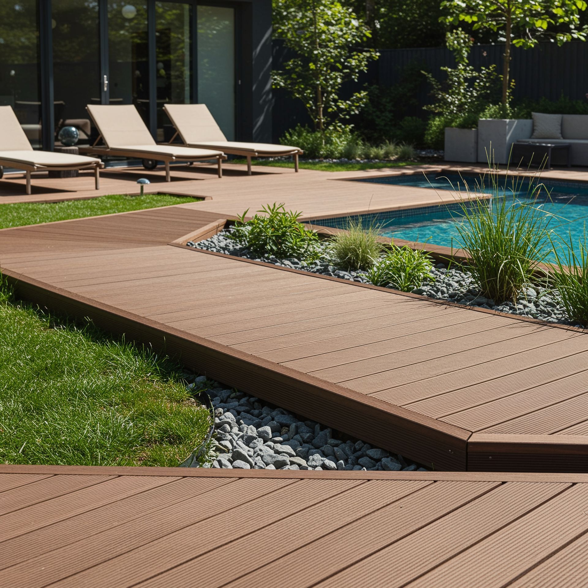 Piscine moderne dans le jardin avec chaises longues beiges, terrasse en bois et aménagement paysager verdoyant.