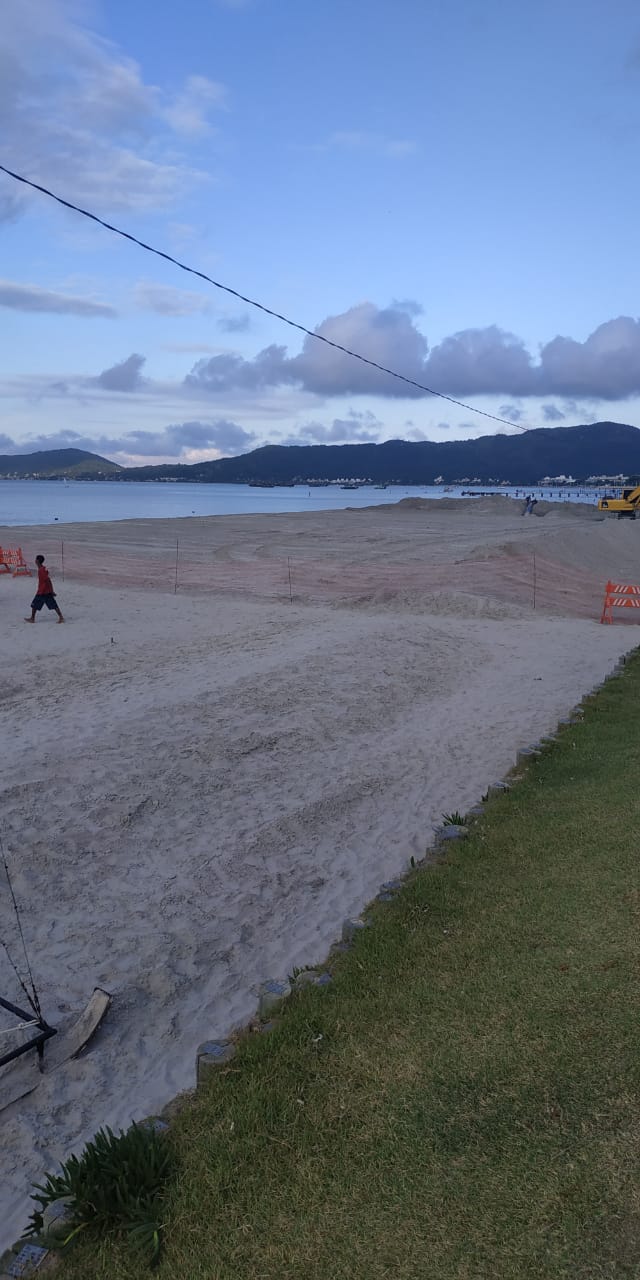 Uma pessoa está em uma praia arenosa próxima a um corpo de água.