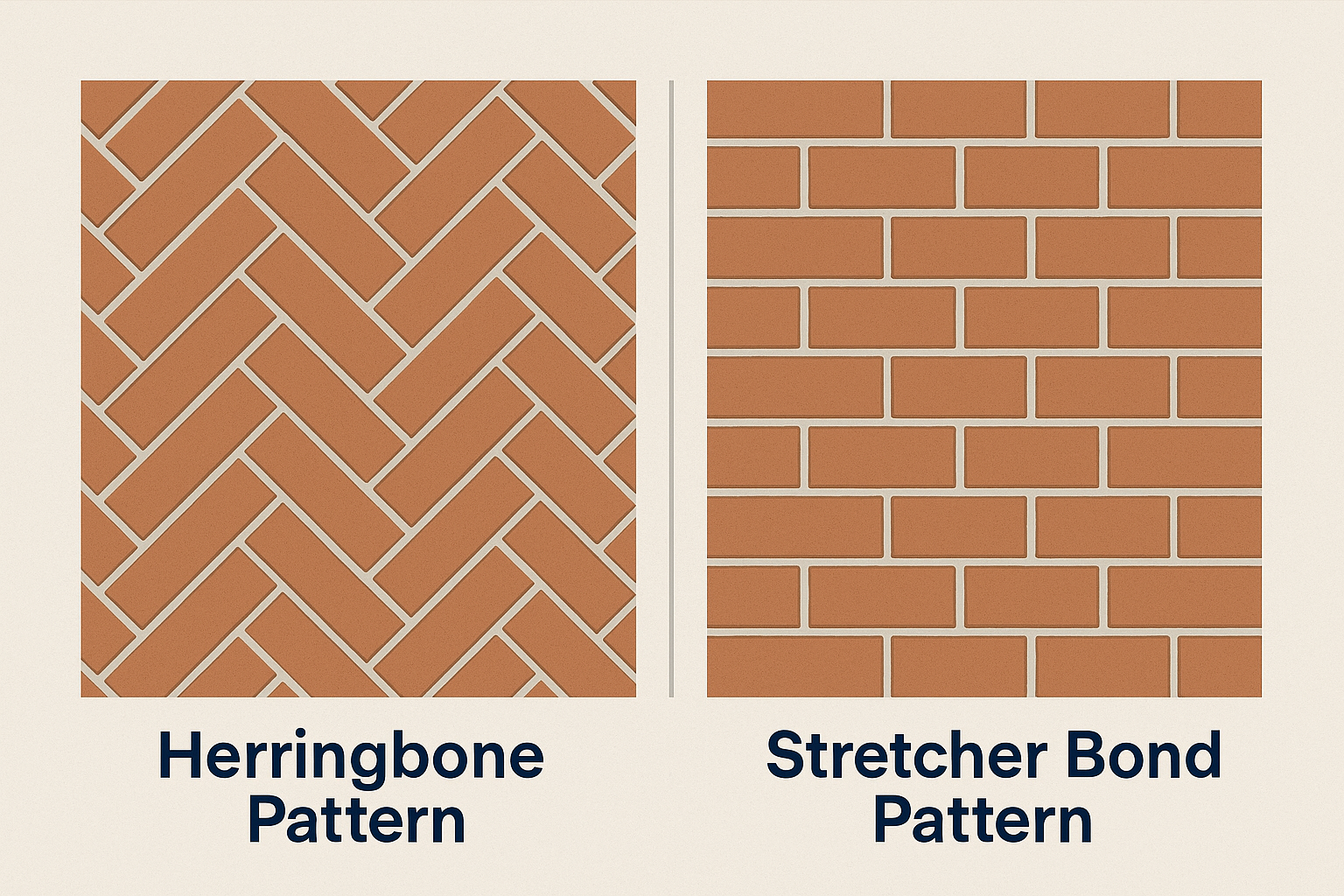 A herringbone pattern and a stretcher bond pattern are shown on a brick wall | P&M Kelly