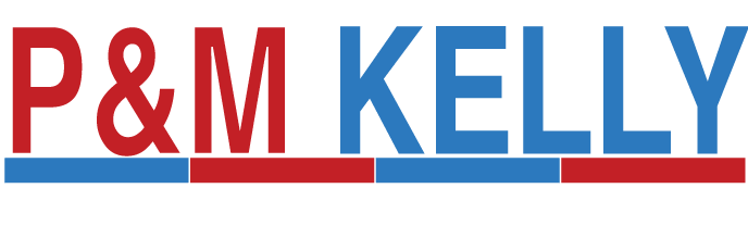 A red , white and blue logo for p & m kelly