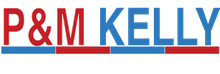 A red , white and blue logo for p & m kelly