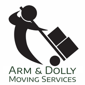 Arm & Dolly Moving Services logo with a mover silhouette pulling a dolly and boxes