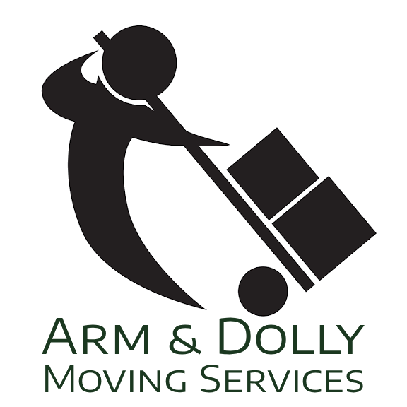 Arm & Dolly Moving Services logo with a black mover carrying boxes and green text