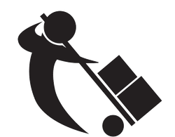 Black icon of a person pushing a hand truck with boxes tilted back