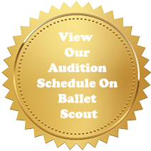 Circle with text stating view our audition schedule on ballet scout