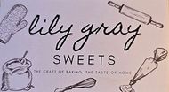 Lily Gray Sweet Logo with oven mitt, rolling pin, and other items for baking shown on the image.