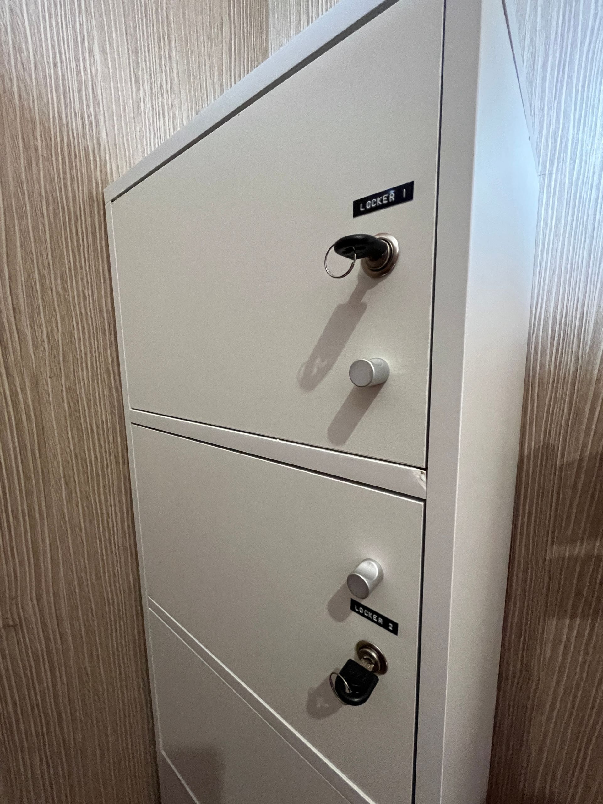 A white filing cabinet with three drawers and two locks
