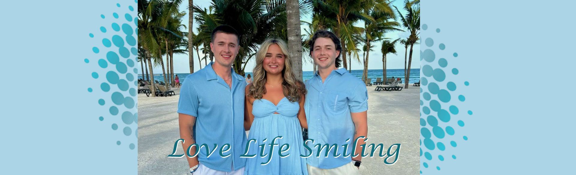Adults smiling on a beach in front of palm trees and ocean. Text at bottom reads 