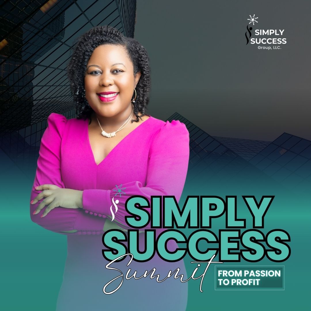 Woman in a pink dress smiles, arms crossed. Text: Simply Success Summit: From Passion to Profit.