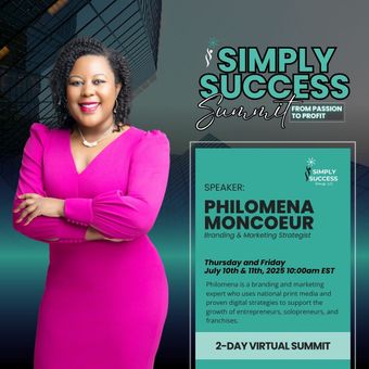 A woman in a pink dress is standing in front of a sign that says simply success