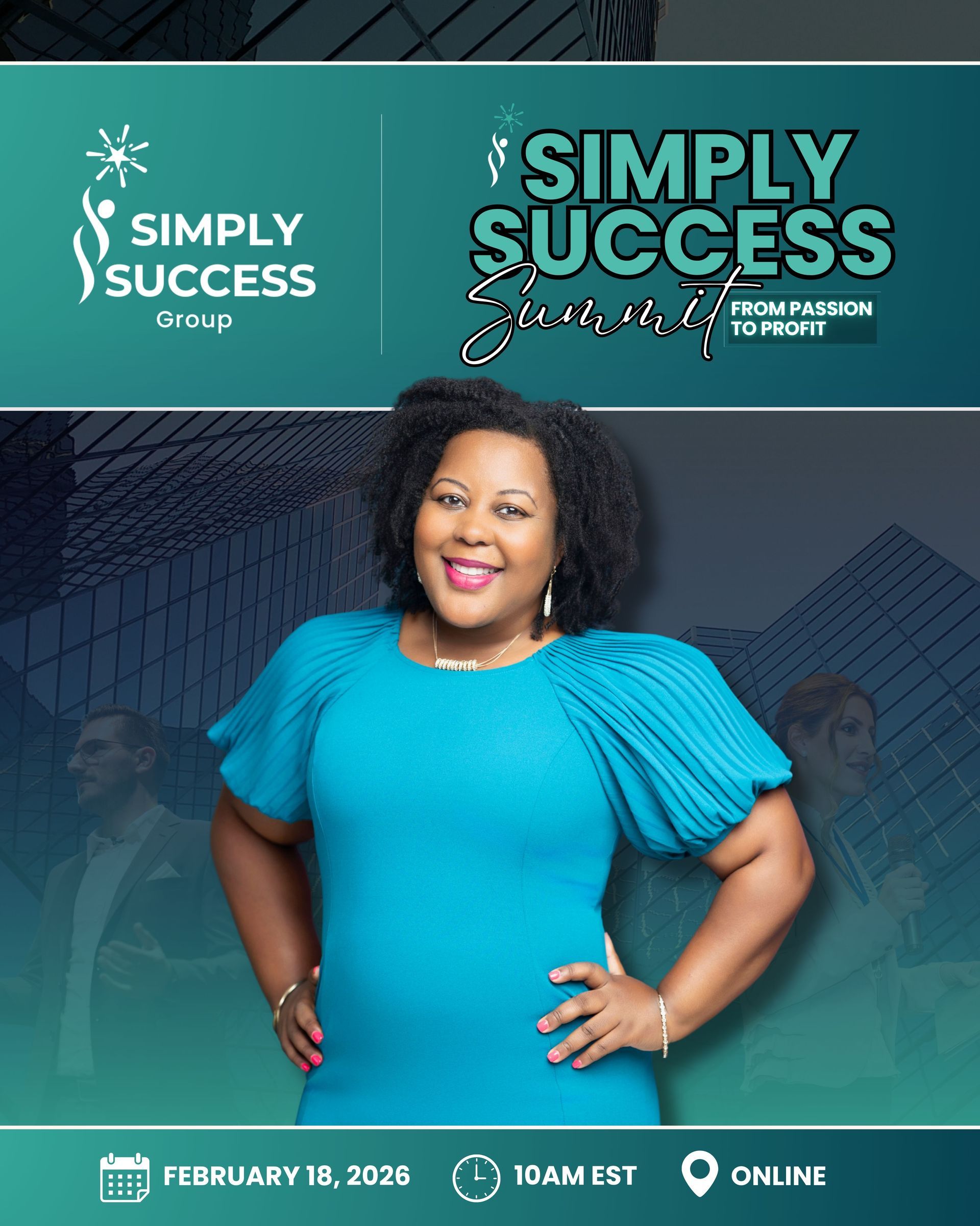 A woman in a pink dress smiles, arms crossed, a logo says