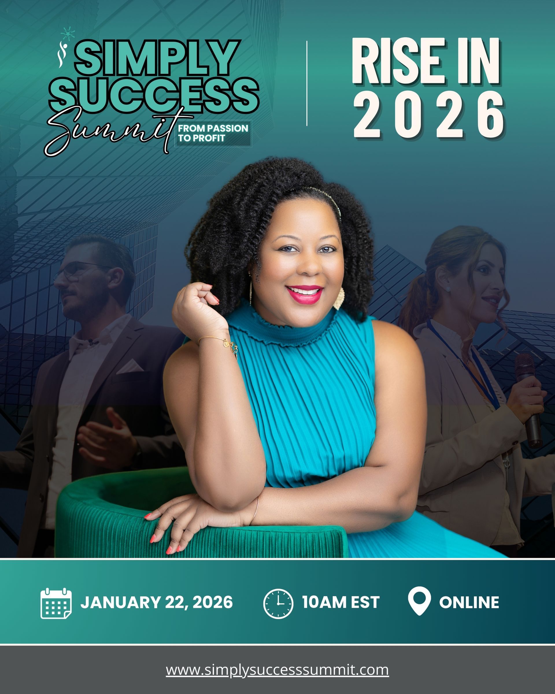 A woman in a pink dress smiles, arms crossed, a logo says 