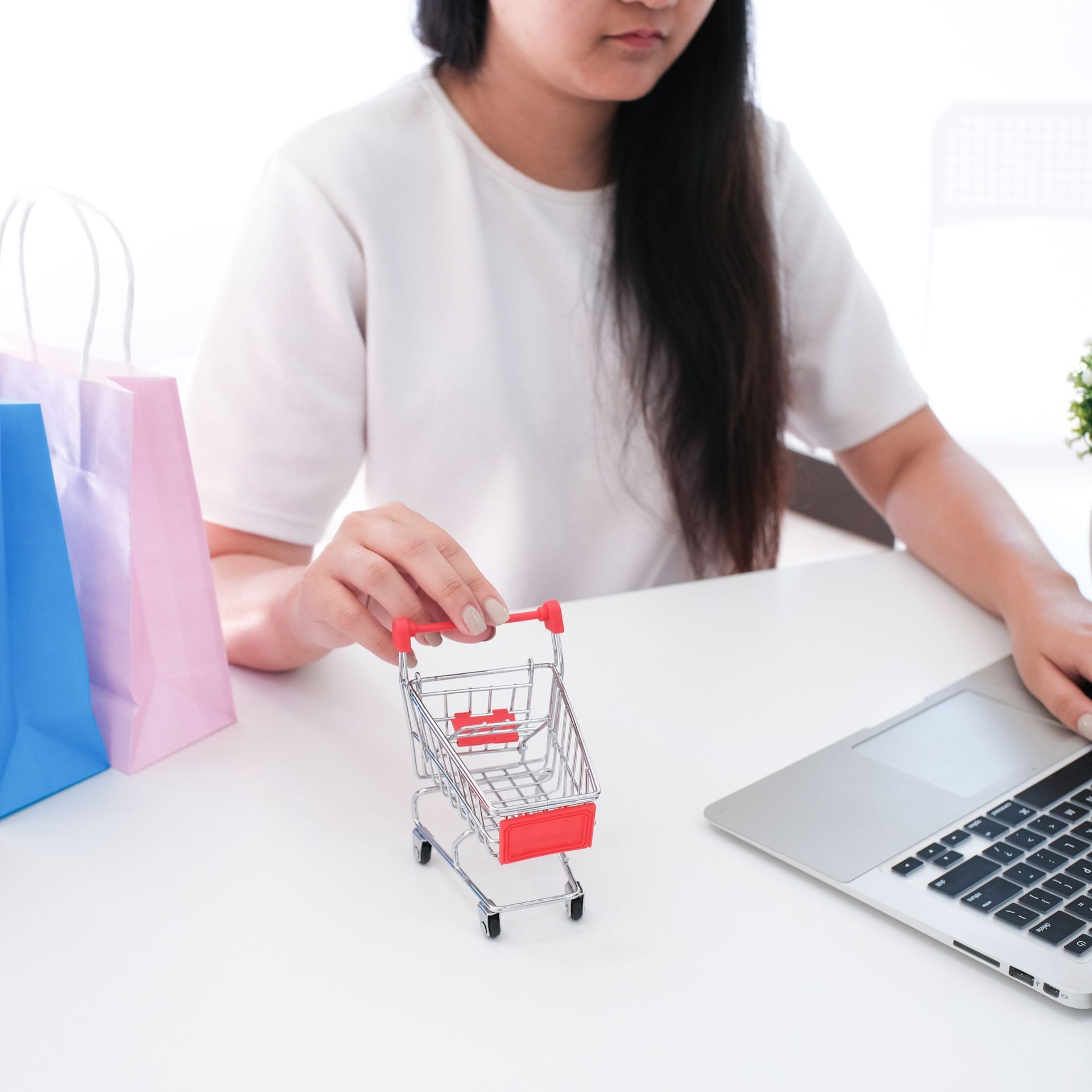 A woman is sitting at a table with a shopping cart and a laptop