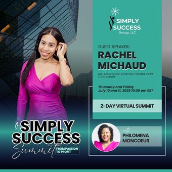 A woman in a purple dress is on a poster for simply success