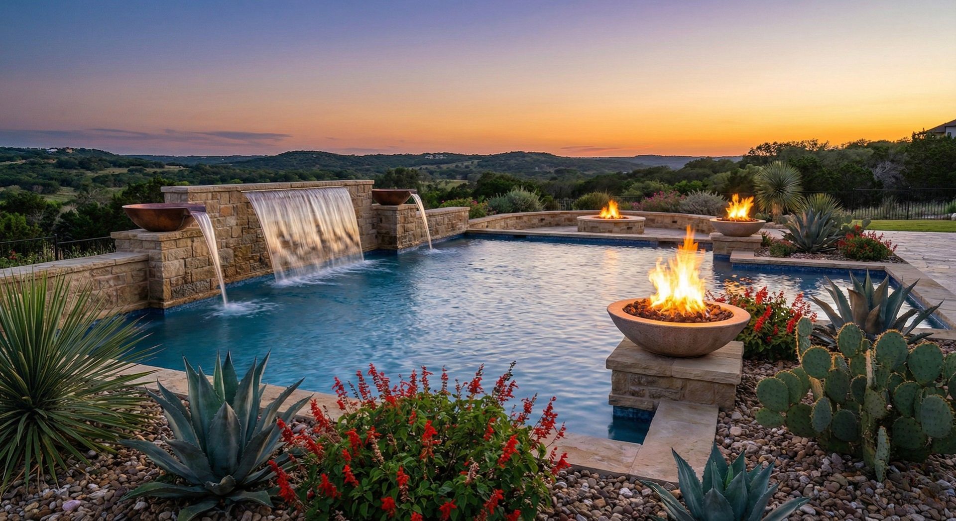 Custom pool and natural limestone
hardscape Central Texas