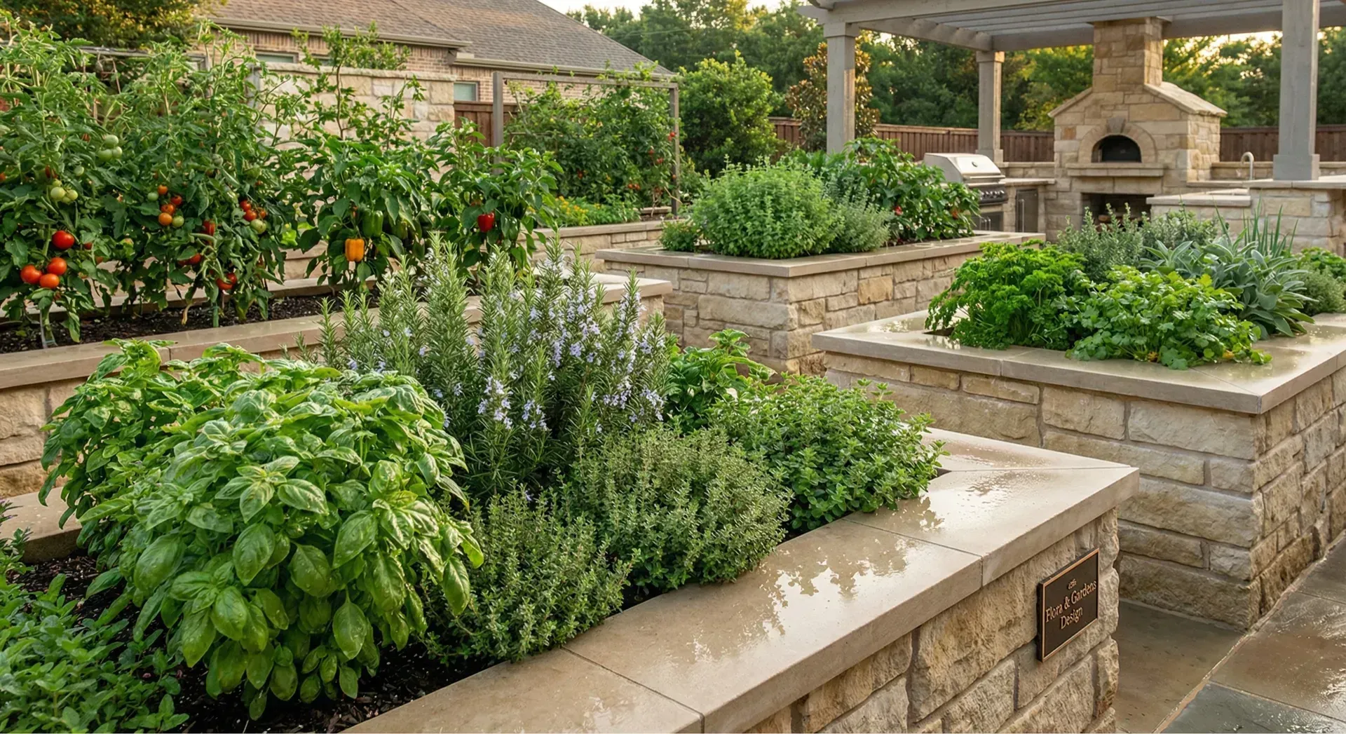 Stone-walled raised garden beds with herbs and vegetables, a pizza oven, and a pergola in the background.