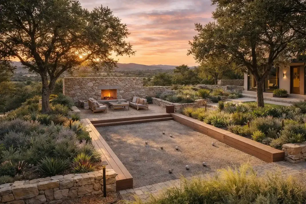 Outdoor bocce ball court and fireplace at sunset. Gravel court, stone walls, and trees.