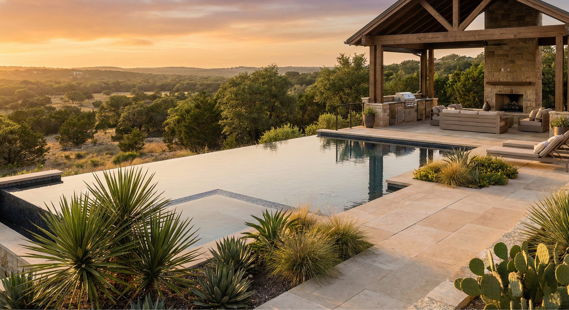 Infinity pool overlooking landscape, with a patio, fireplace, and covered seating area. Sunset colors.