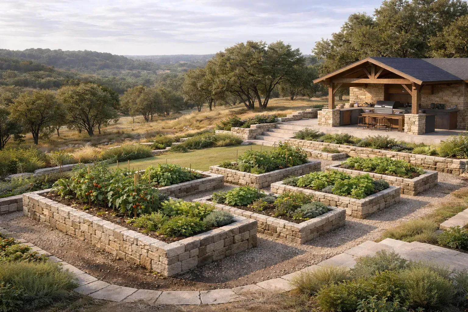 Stone-walled raised garden beds with vegetables, near a stone structure with an outdoor kitchen, set in a natural landscape.