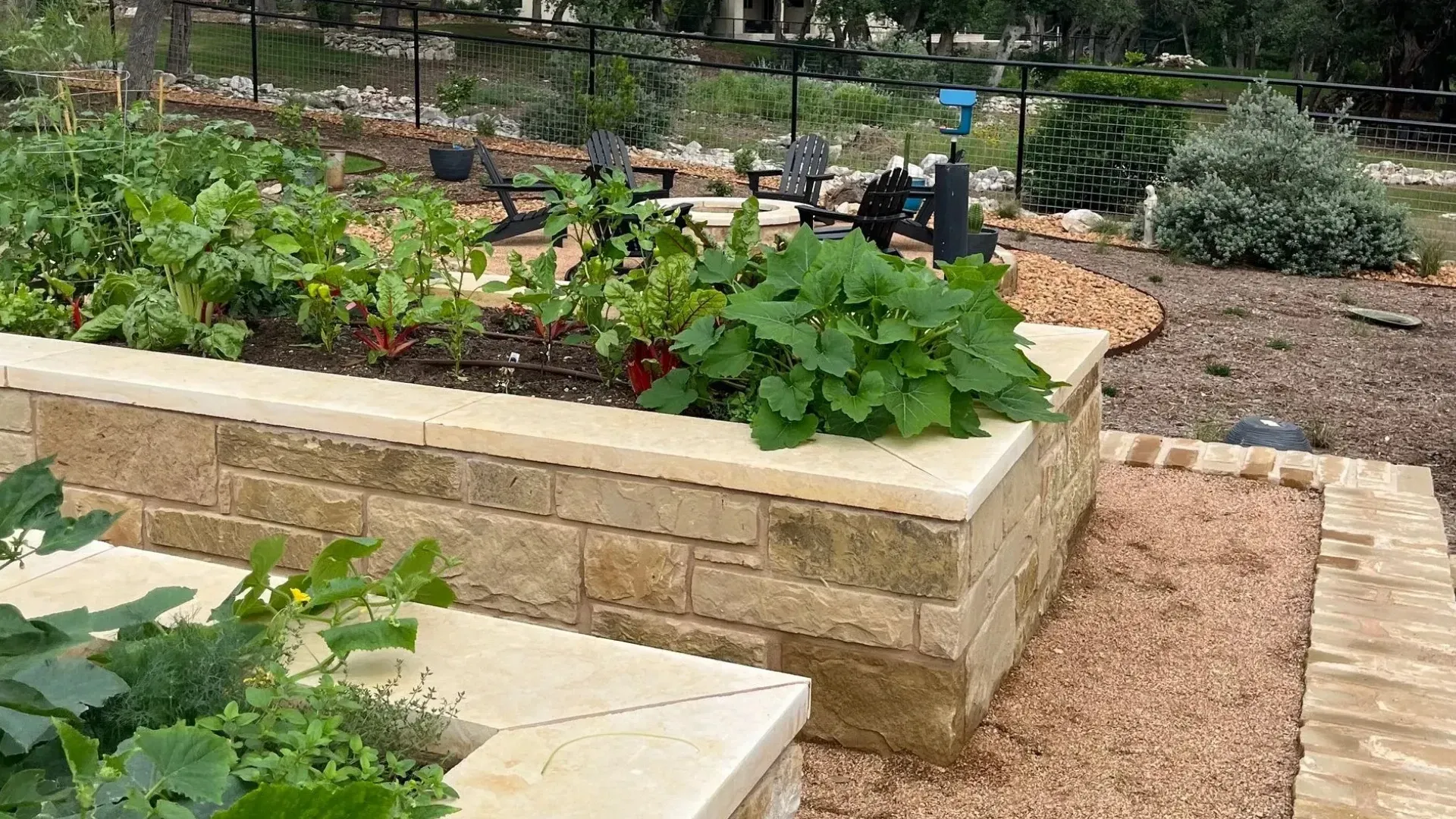 Raised garden beds made of stone with various plants and trees in the background.