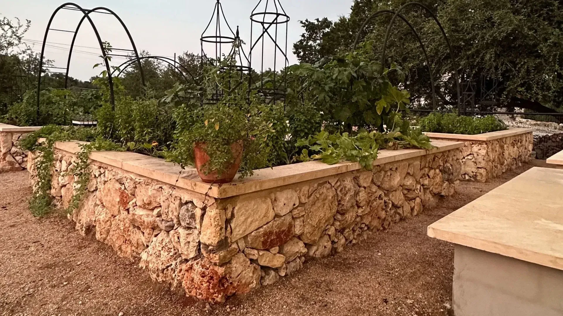 Raised garden bed with stone walls, plants, and arched supports. A building is visible in the background.
